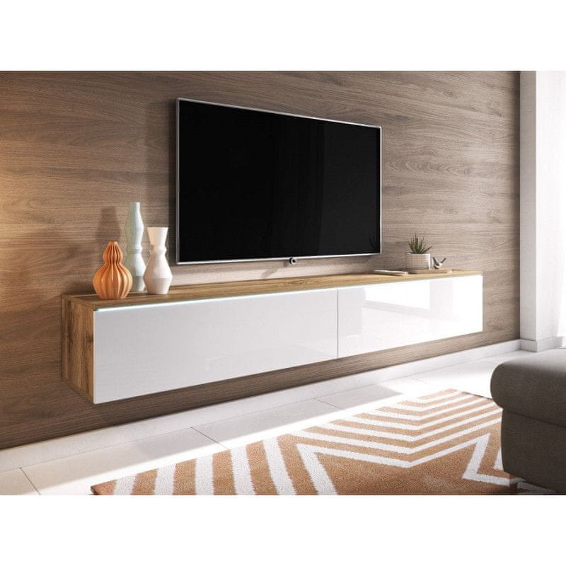 Veneti Televízna skrinka s LED osvetlením 180 cm WILLA D - dub wotan / lesklá biela